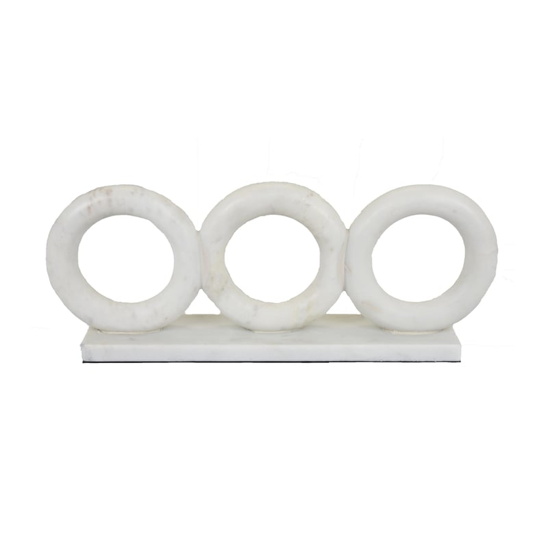 Hara Geometric Link Sculpture- 3 Circle Rings- White Marble 11 Inch