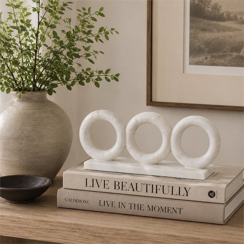 Hara Geometric Link Sculpture- 3 Circle Rings- White Marble 11 Inch
