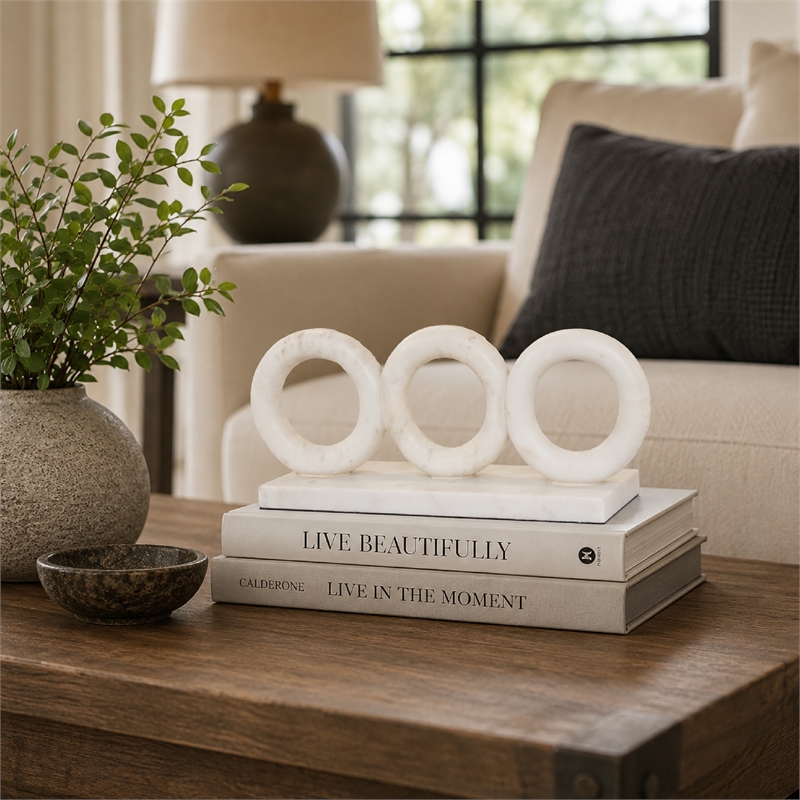 Hara Geometric Link Sculpture- 3 Circle Rings- White Marble 11 Inch