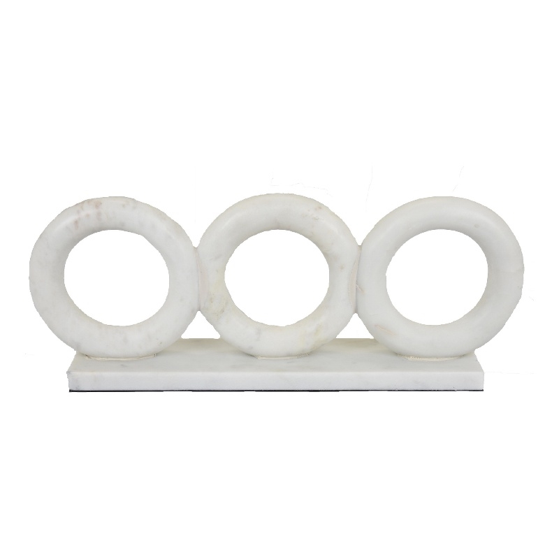 Hara Geometric Link Sculpture- 3 Circle Rings- White Marble 11 Inch