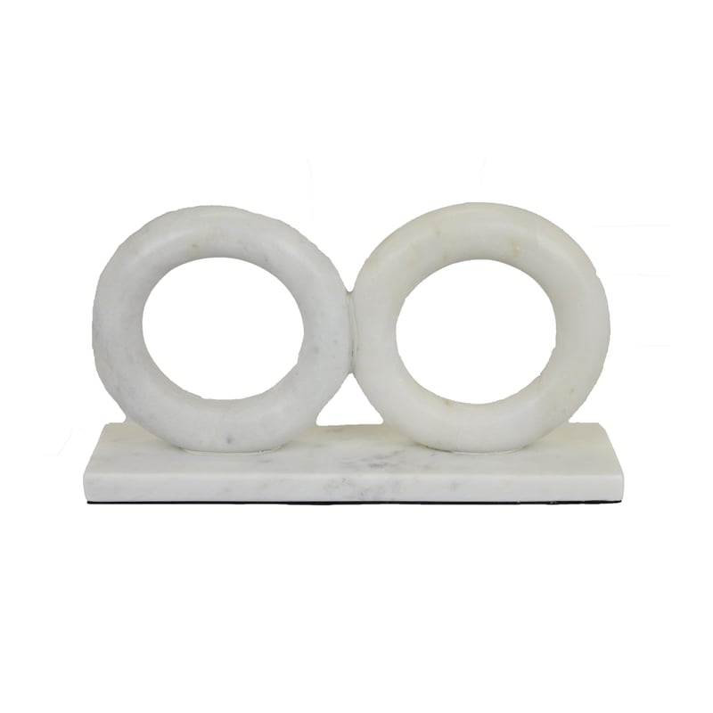 Hara Geometric Link Sculpture- 2 Circle Rings- White Marble 8 Inch
