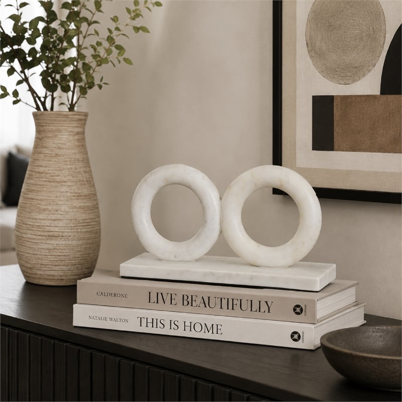 Hara Geometric Link Sculpture- 2 Circle Rings- White Marble 8 Inch