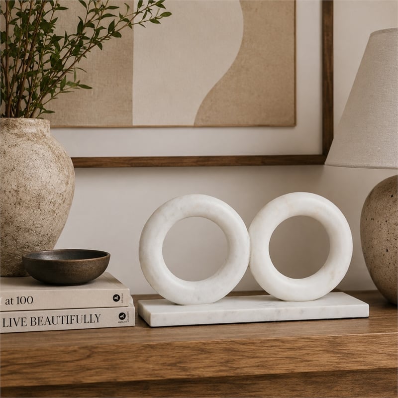 Hara Geometric Link Sculpture- 2 Circle Rings- White Marble 8 Inch
