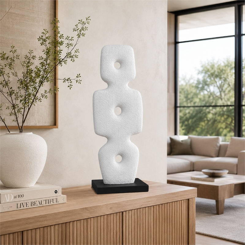 Abstract Totem Sculpture- Cutout Center- Pedestal- White Resin 20 Inch