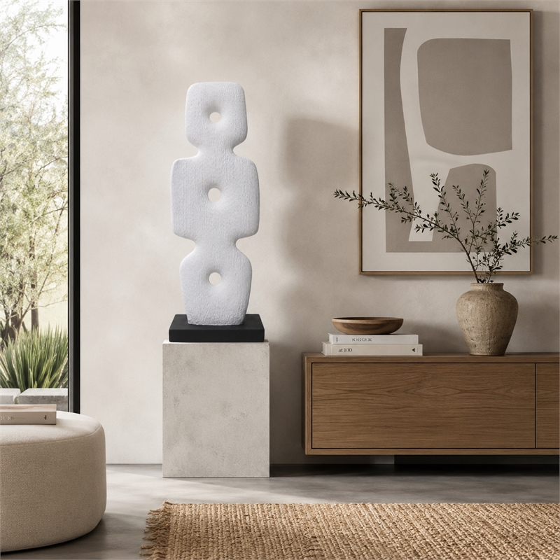 Abstract Totem Sculpture- Cutout Center- Pedestal- White Resin 20 Inch