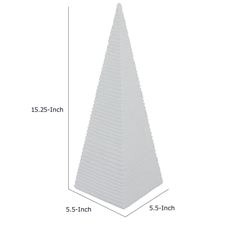 Decorative Pyramid Sculpture- Horizontally Ribbed White Resin 15 Inch