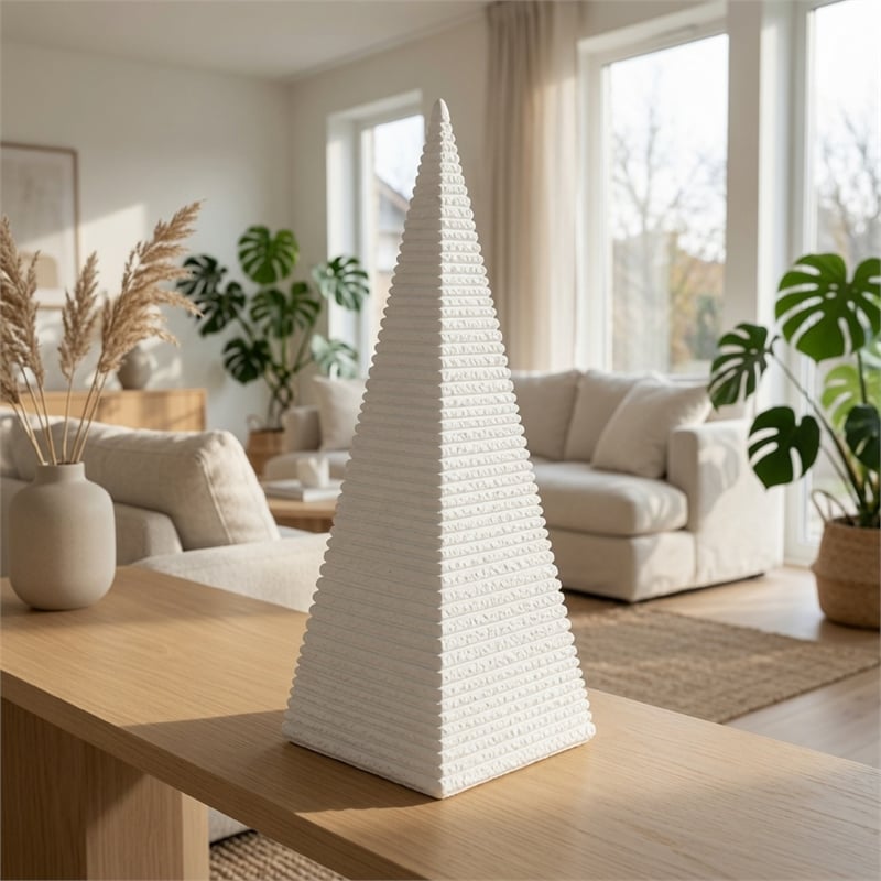 Decorative Pyramid Sculpture- Horizontally Ribbed White Resin 15 Inch