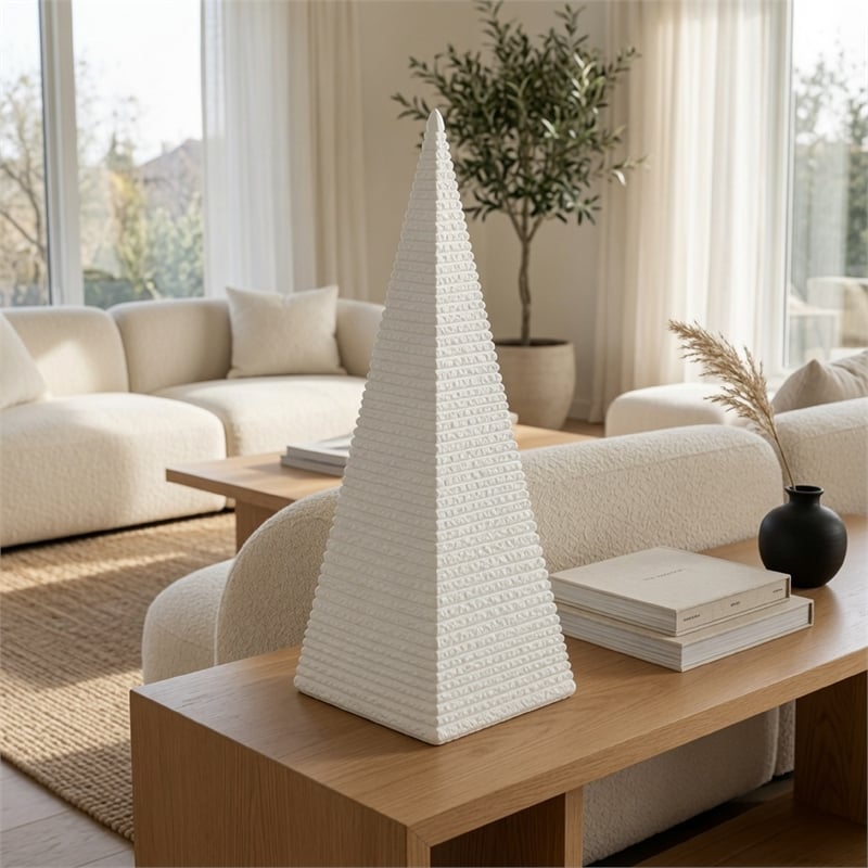 Decorative Pyramid Sculpture- Horizontally Ribbed White Resin 15 Inch