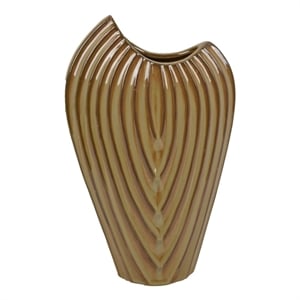 Kathy Decorative Vase- Asymmetrical Rim- Ribbed Brown Ceramic 15 Inch