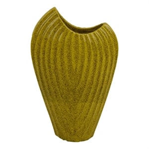 Kathy Decorative Vase- Asymmetrical Rim- Ribbed Yellow Ceramic 15 Inch