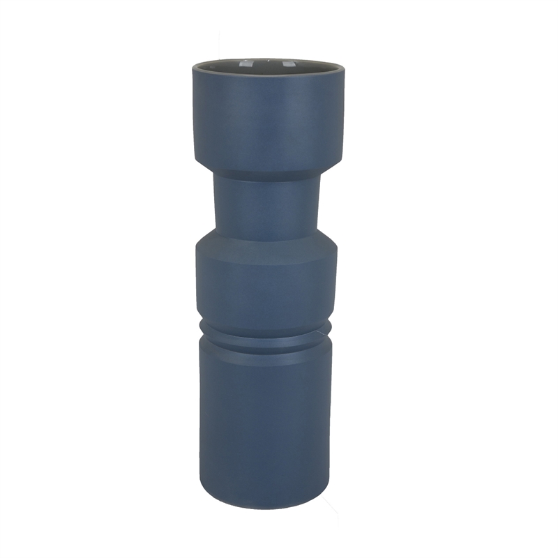 Sculptural Totem Vase- Stacked Geometric Accents- Blue Ceramic 16 Inch