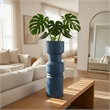 Sculptural Totem Vase- Stacked Geometric Accents- Blue Ceramic 16 Inch