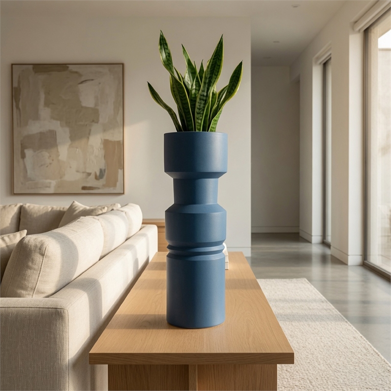 Sculptural Totem Vase- Stacked Geometric Accents- Blue Ceramic 16 Inch