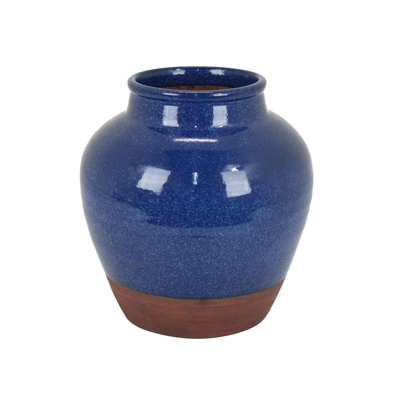 Ginger Jar Vase- Speckled and Glazed Top- Blue and Brown Ceramic 10 Inch
