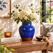 Ginger Jar Vase- Speckled and Glazed Top- Blue and Brown Ceramic 10 Inch