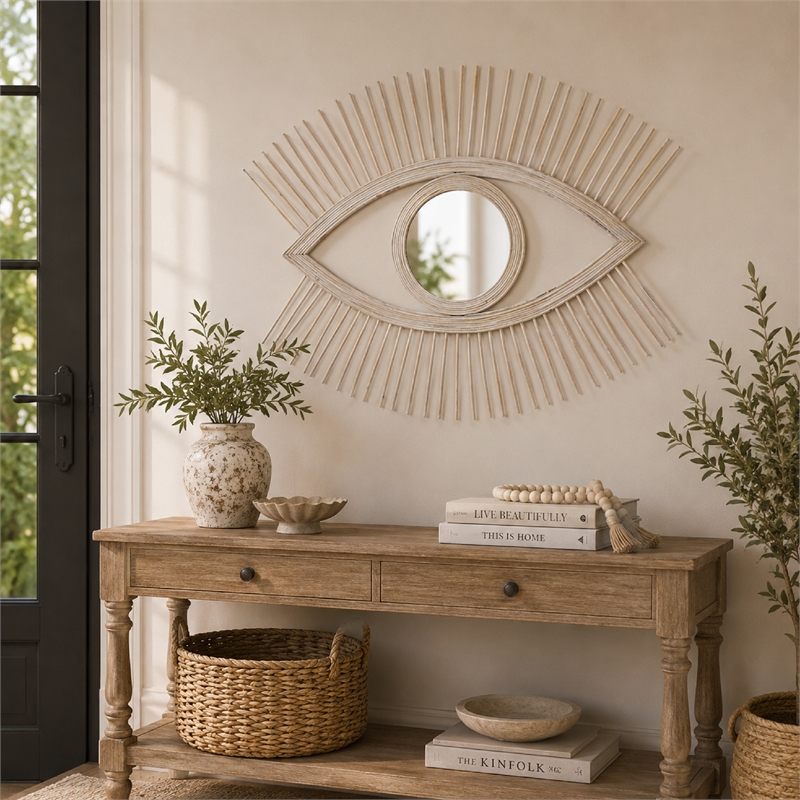 Ruhy Decorative Wall-Mounted Mirror with Eye-Shape Design- White Wood