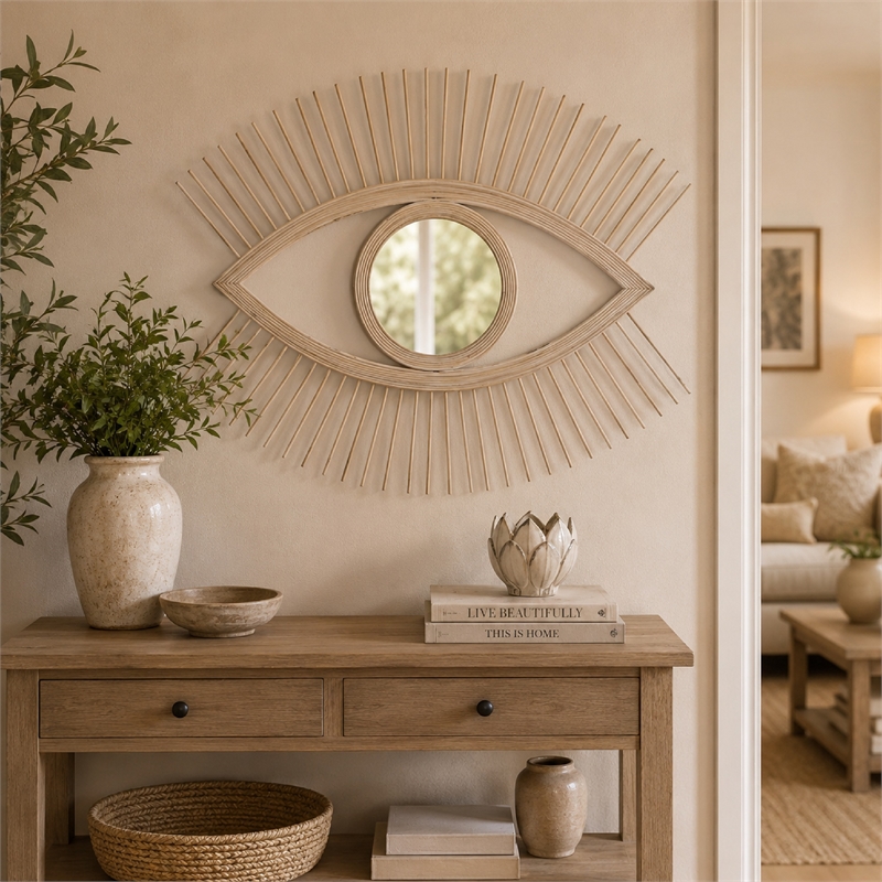 Ruhy Decorative Wall-Mounted Mirror with Eye-Shape Design- White Wood