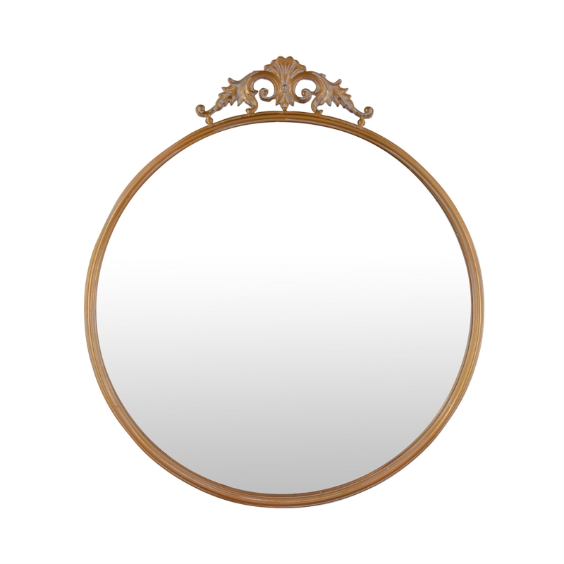 Drek Traditional Round Wall Mirror with Ornate Crest Top- Gold Metal 24x27