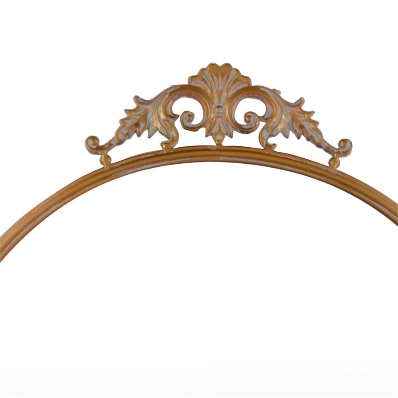 Drek Traditional Round Wall Mirror with Ornate Crest Top- Gold Metal 24x27