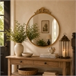 Drek Traditional Round Wall Mirror with Ornate Crest Top- Gold Metal 24x27