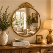 Drek Traditional Round Wall Mirror with Ornate Crest Top- Gold Metal 24x27