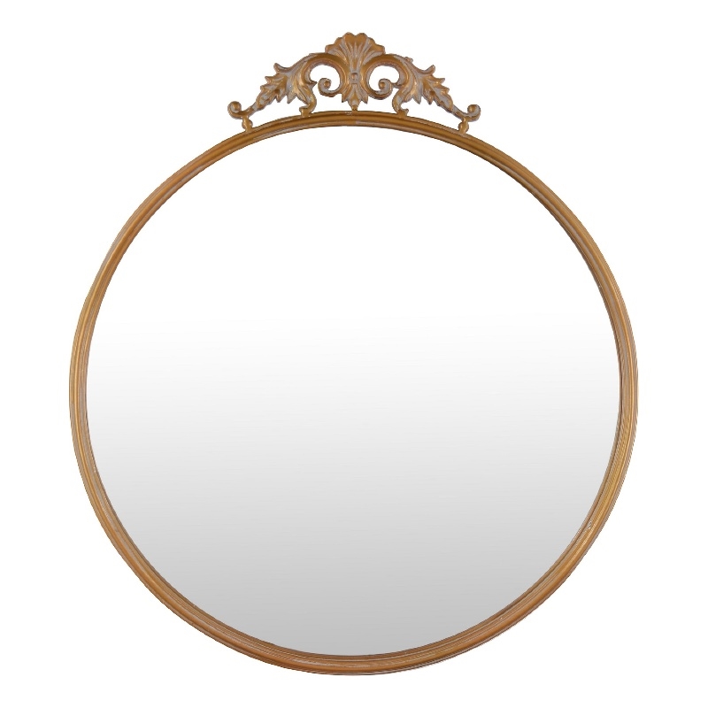 Drek Traditional Round Wall Mirror with Ornate Crest Top- Gold Metal 24x27
