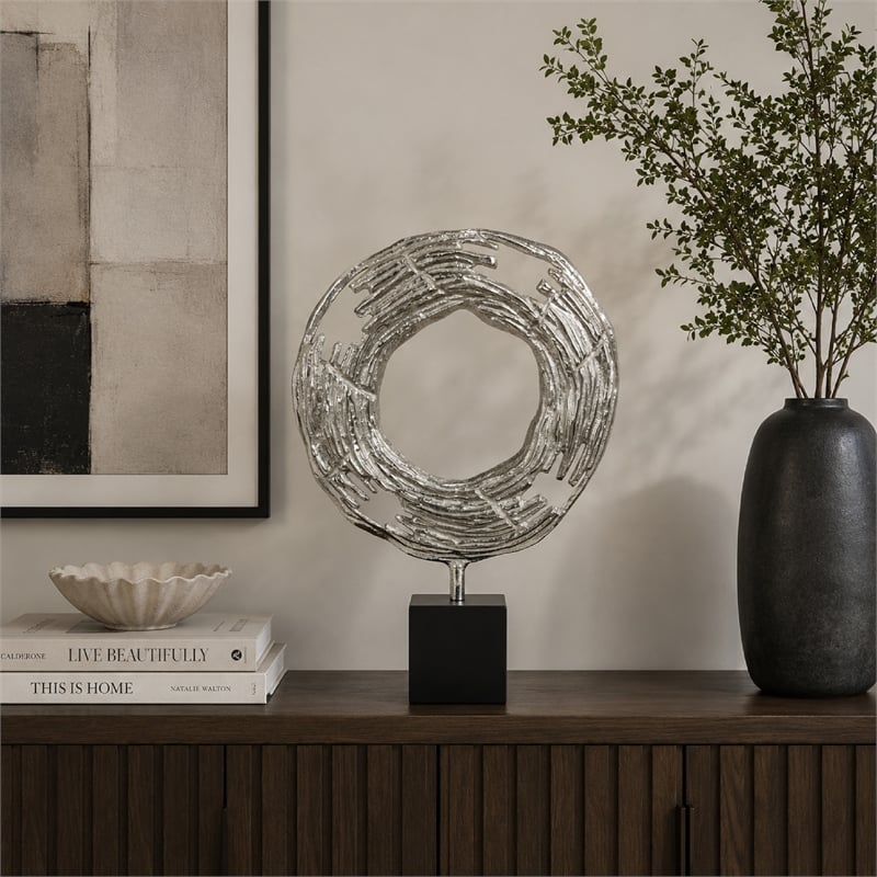 Steve Abstract Ring Sculpture with Black Pedestal Stand- Textured Silver