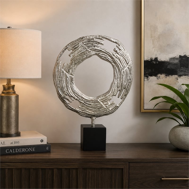 Steve Abstract Ring Sculpture with Black Pedestal Stand- Textured Silver