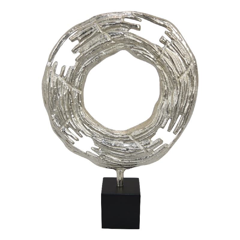 Steve Abstract Ring Sculpture with Black Pedestal Stand- Textured Silver