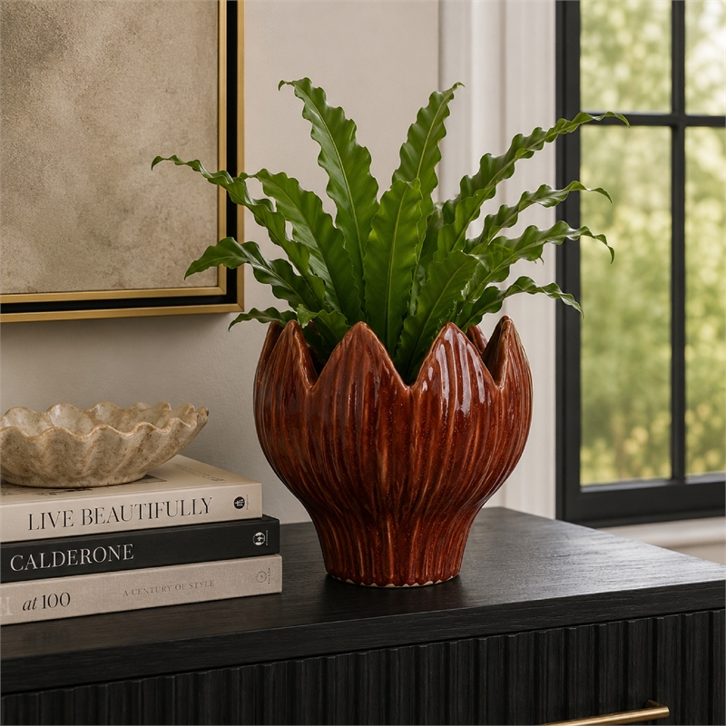 Siena Decorative Planter with Petal Edge Design- Red Ceramic 10 Inch