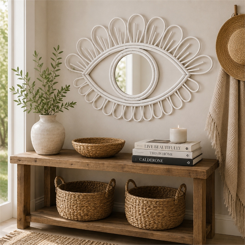 Davie Eye-Shaped Wall Mirror with Loop Details- White Natural Fiber