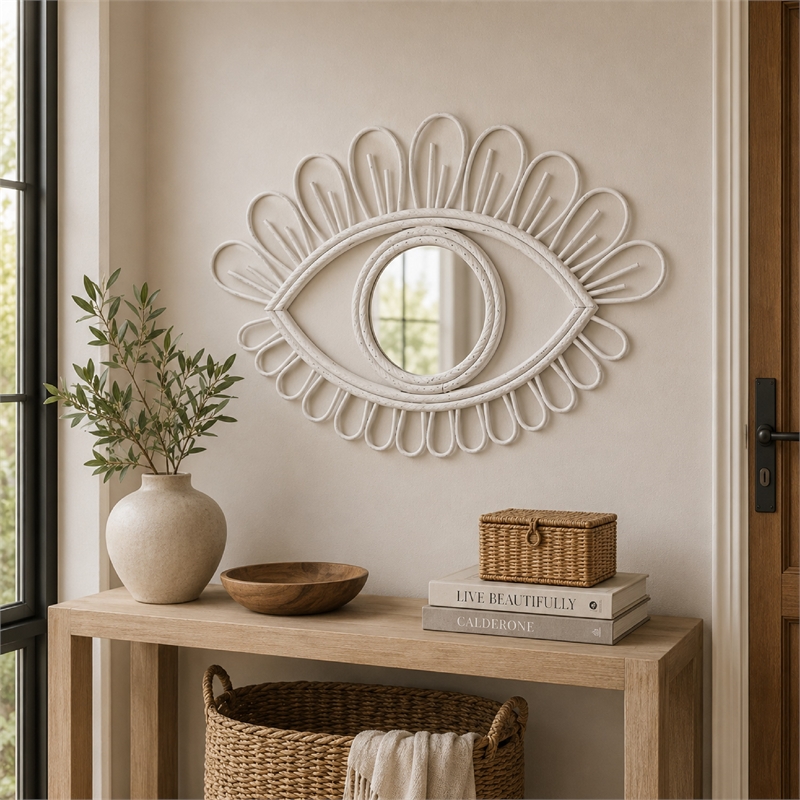 Davie Eye-Shaped Wall Mirror with Loop Details- White Natural Fiber