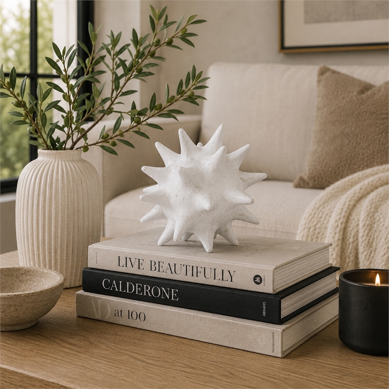 Xyla Decorative Orb with Spiked Starburst Patterns- White Resin 8 Inch