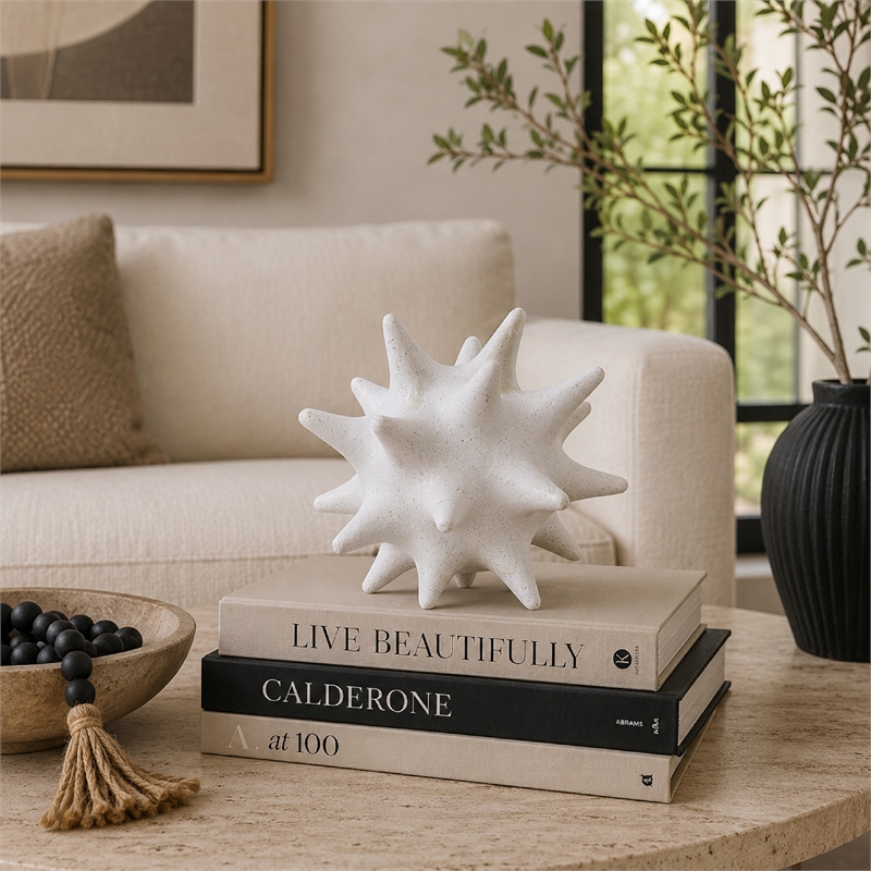 Xyla Decorative Orb with Spiked Starburst Patterns- White Resin 8 Inch