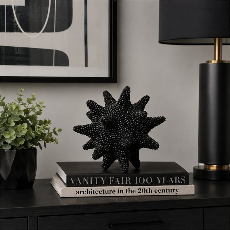 Noah Decorative Orb Sculpture with Spiked Details- Black Resin 8 Inch