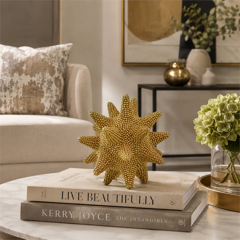 Noah Decorative Orb Sculpture with Spiked Details- Gold Resin 8 Inch