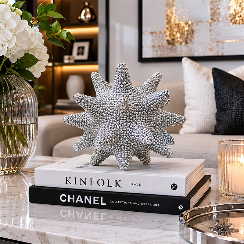 Noah Decorative Orb Sculpture with Spiked Details- Silver Resin 8 Inch