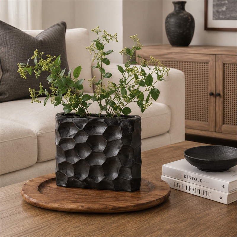 Posy Decorative Block Vase with Hammered Texture- Black Aluminum 12 Inch