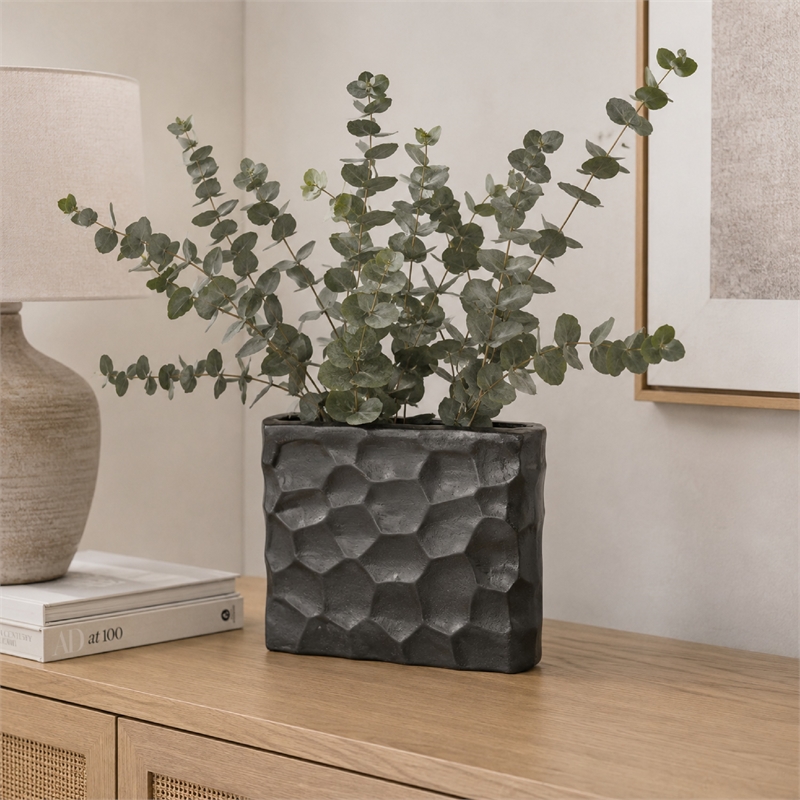 Posy Decorative Block Vase with Hammered Texture- Black Aluminum 12 Inch