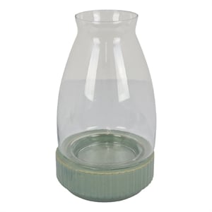 Ahna Modern Vase with Green Ribbed Ceramic Base- Clear Glass 16 Inch