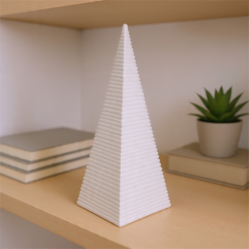 Fuji Decorative Pyramid Sculpture with Layered Ridges- White Resin