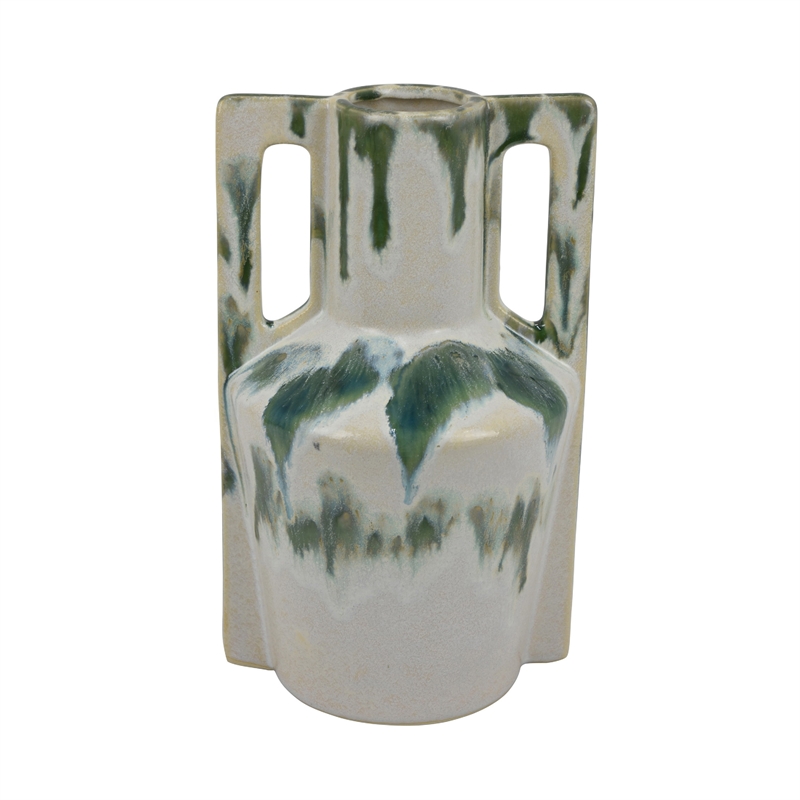 Zyma Modern Vase with Dual Handle- Green Drip Glaze- White Ceramic