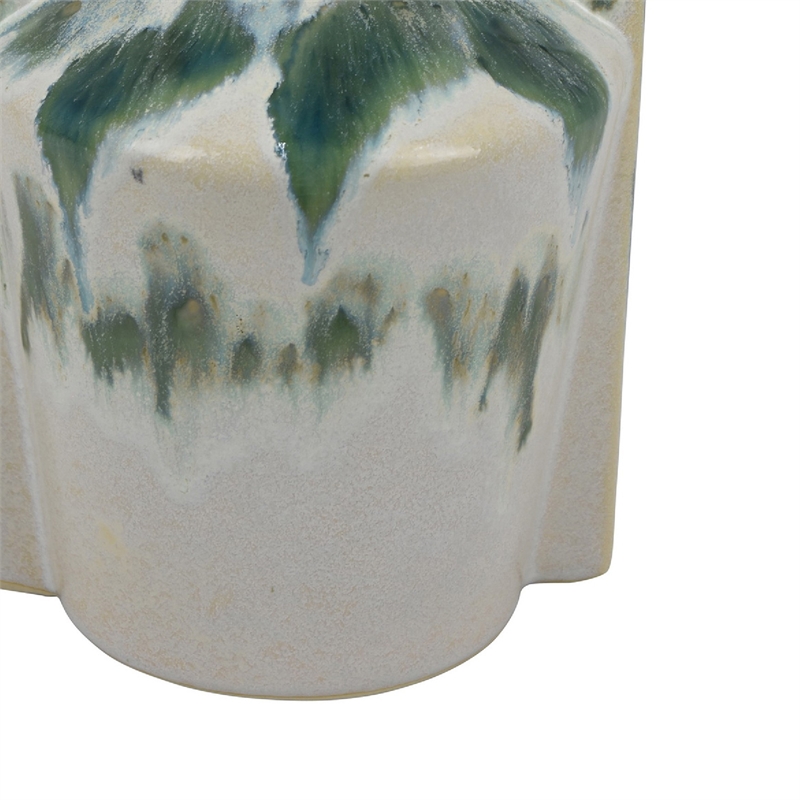 Zyma Modern Vase with Dual Handle- Green Drip Glaze- White Ceramic