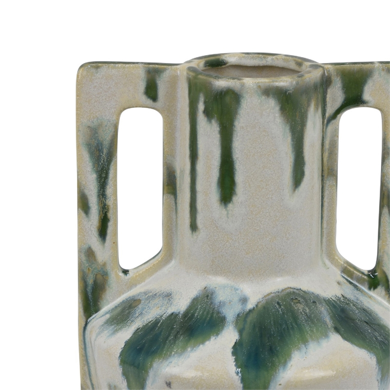 Zyma Modern Vase with Dual Handle- Green Drip Glaze- White Ceramic