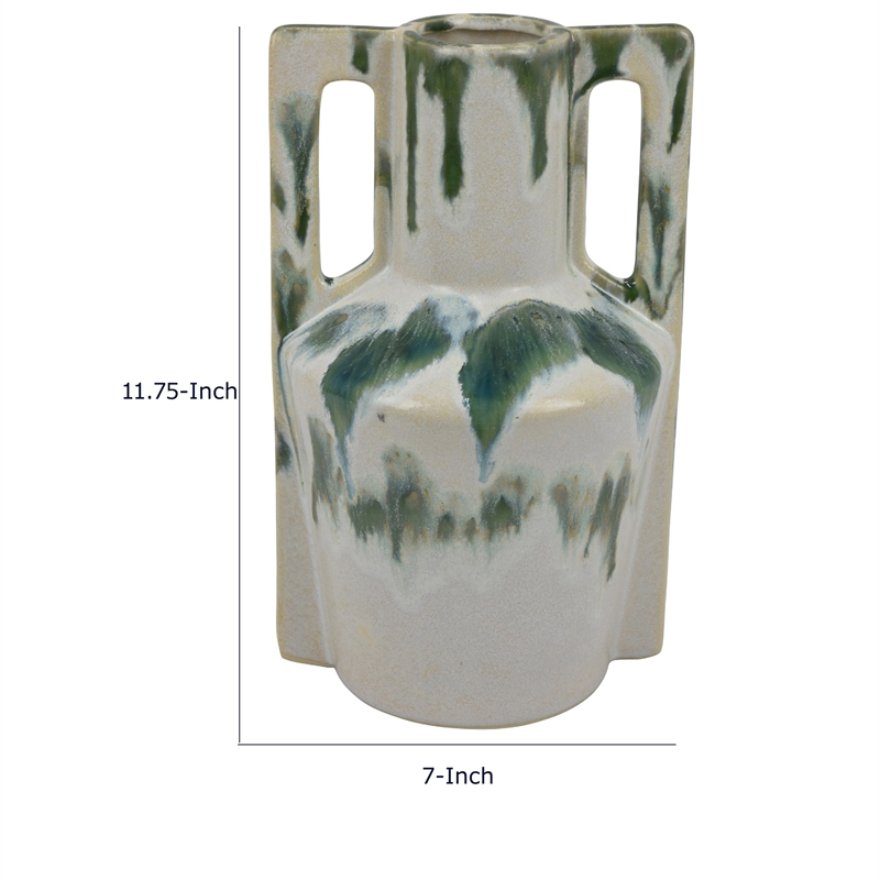 Zyma Modern Vase with Dual Handle- Green Drip Glaze- White Ceramic