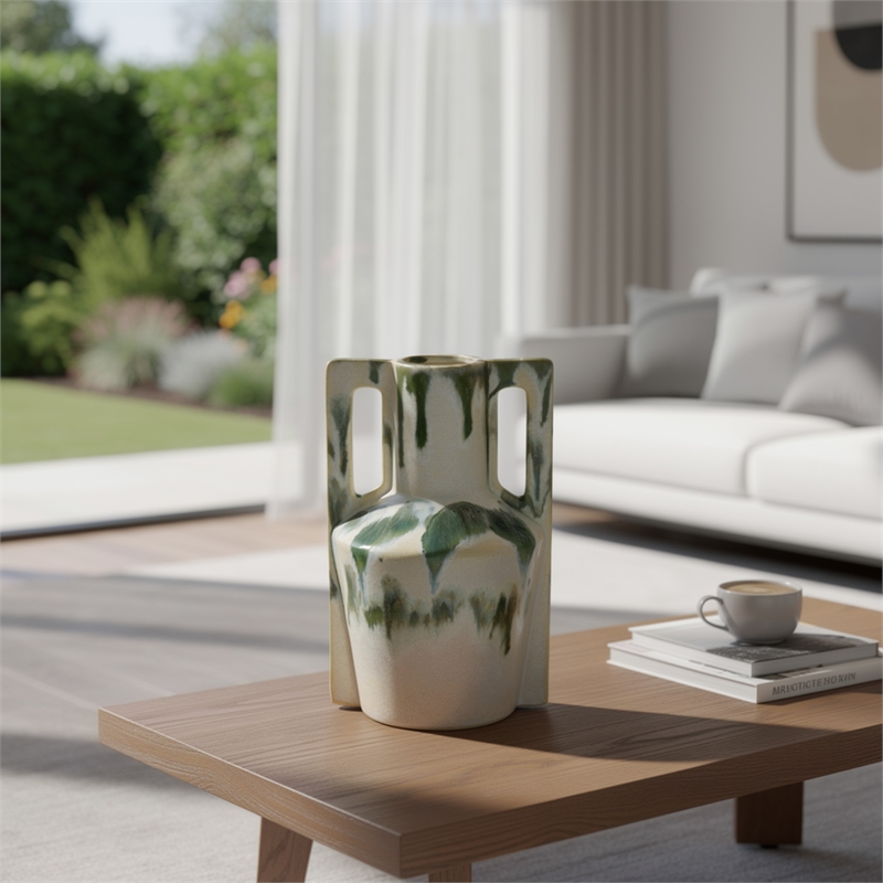 Zyma Modern Vase with Dual Handle- Green Drip Glaze- White Ceramic