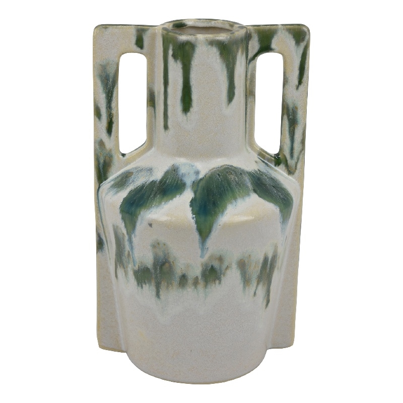 Zyma Modern Vase with Dual Handle- Green Drip Glaze- White Ceramic