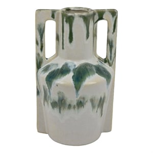 Zyma Modern Vase with Dual Handle- Green Drip Glaze- White Ceramic