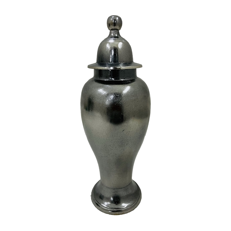Anila Traditional Temple Jar with Dome Lid- Black Chrome Metal 21 Inch