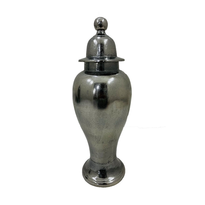 Anila Traditional Temple Jar with Dome Lid- Black Chrome Metal 17 Inch